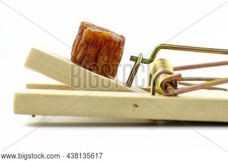 A Macro Photo Of A Piece Of Kabanosa Meat Lying On A Pawl In A Mousetrap, Isolated On A White Backgr