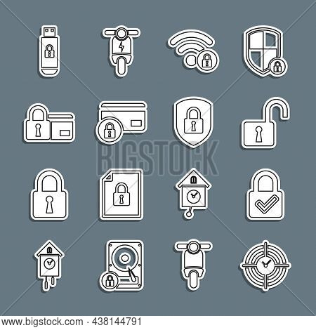 Set Line Time Management, Lock And Check Mark, Open Padlock, Wifi Locked, Credit Card With, Usb Flas