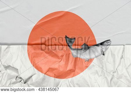 Hand drawn salmon with crinkled paper texture remixed media
