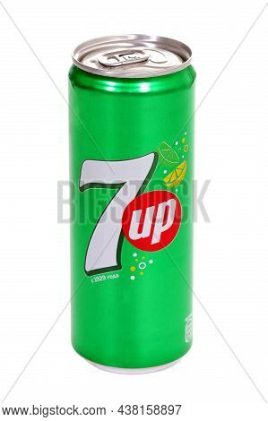 Novyy Urengoy, Russia - September 5, 2021: Aluminium Can Of The 7up Isolated Over White Background.