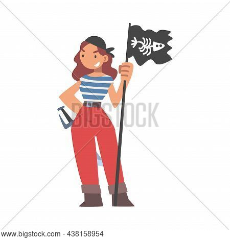 Brutal Woman Pirate Or Buccaneer Character With Black Flag And Sabre As Marine Robber Vector Illustr