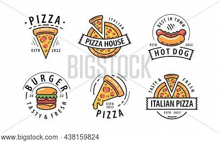 Fast Food Logos Set. Pizza, Burger, Hot Dog Emblems For Restaurant, Cafe Menu. Vector Illustration