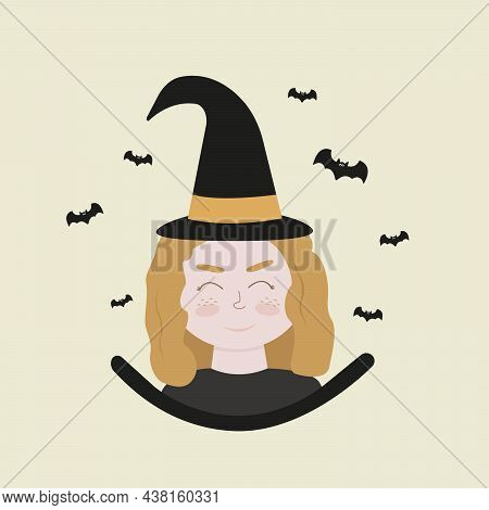 Red-haired Girl In Halloween Witch Costume With Bats