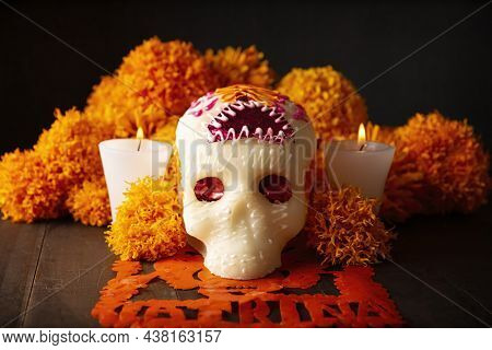 Sugar Skull With Cempasuchil Flowers Or Marigold And Papel Picado. Decoration Traditionally Used In 