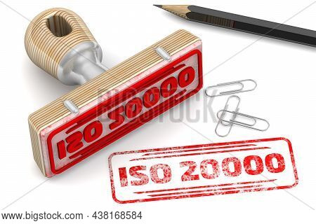 Iso 20000. The Stamp And An Imprint. The Rubber Stamp And Red Imprint Iso 20000 On A White Surface. 