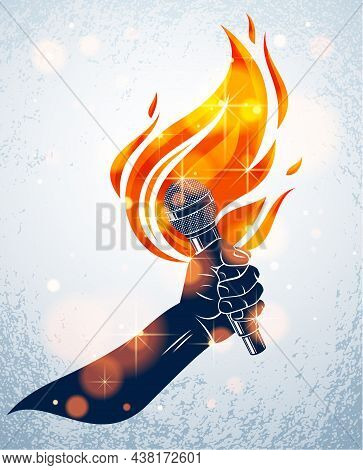 Microphone In Hand On Fire, Hot Mic In Flames Live Show, Rap Battle Rhymes Music, Concert Festival O