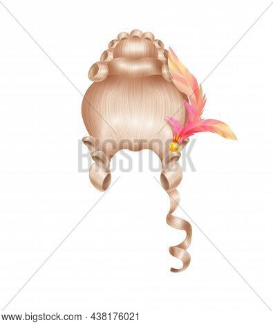 Realistic Rococo Women Wig Vintage Composition With Isolated Image Of Fleecy Hair With Flowers And F