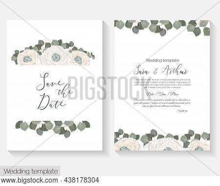 Vector Floral Invitation Template. White Roses, Rununculus, Green Leaves, Eucalyptus.