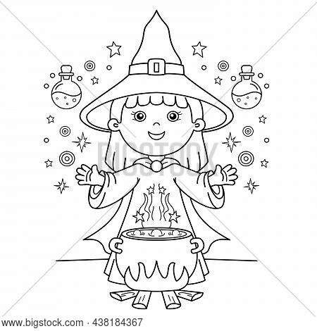 Coloring Page Outline Of Cartoon Little Witch With Magical Pot. Magic Potion And Witchcraft.  Hallow