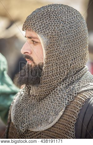 Badajoz, Spain - Seot 28th, 2019: Medieval Moorish Reenactors Protected With Mail Coif. Almossasa Cu