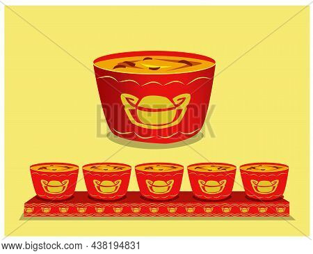 Illustration, A Cup Of Worship Chinese Tea On Yellow Background Chinese New Year For Making Poster O