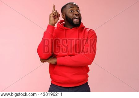 Got Idea. Portrait Excited African-american Bearded Guy Inhale Air Have Speech Reise Index Finger Eu