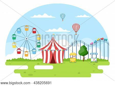 Summer Fair With Carnival, Circus, Funfair Or Amusement Park. Landscape Of Carousels, Roller Coaster