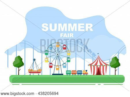 Summer Fair With Carnival, Circus, Funfair Or Amusement Park. Landscape Of Carousels, Roller Coaster