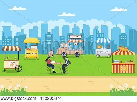 Summer Fair With Carnival, Circus, Funfair Or Amusement Park. Landscape Of Carousels, Roller Coaster