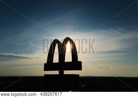 Mcdonalds Restaurant Logo, Aerial View. Mccafe Sign Silhouette. Katy Wroclawskie, Poland - October 2
