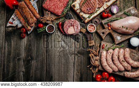 Raw Meat Products, Different Parts Of The Body. Minced Beef Meat Kebabs, Pork, Beef, Chicken. Banner