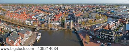 Aerial panorama from the historical city Sneek with the Watergate in Friesland the Netherlands