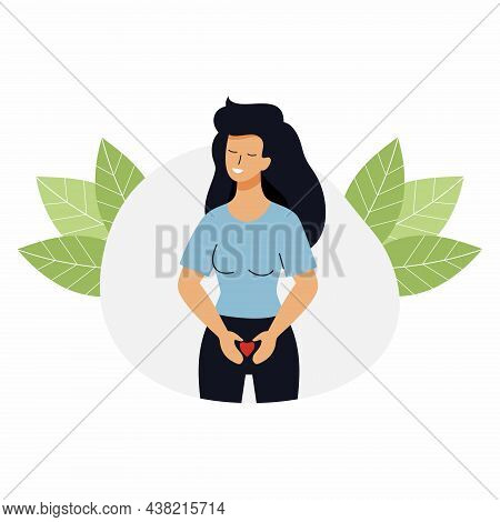 Happy Girl With Heart In Her Hands. Women Health. Comfort In Abdominal Area.