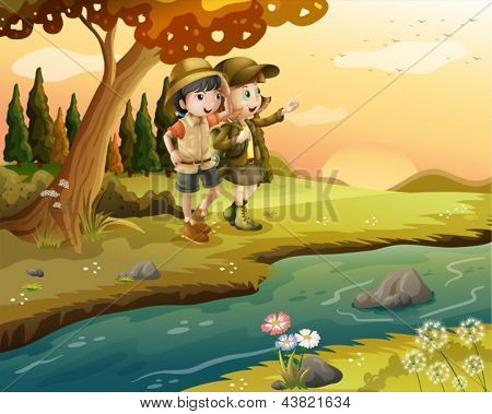 Ilustración de una niña y un niño en la orilla del río