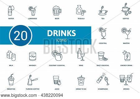 Drinks Icon Set. Collection Of Simple Elements Such As The Water, Lemonade, Beer, Martini, Milk, Coc