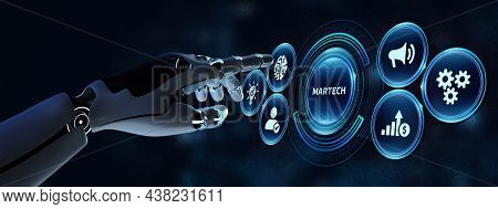 Martech Marketing Technology Concept On Virtual Screen Interface. Robot Pressing Button On Virtual S