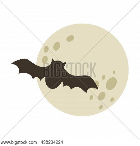 Bat Flying In Full Moon. Vector Illustration.