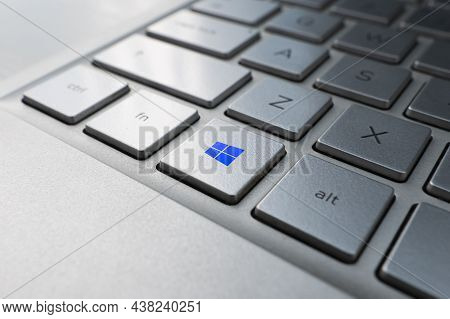 November 2. Barnaul, Russia. Button With The Logo Windows On The Grey Keyboard Of A Modern Laptop.