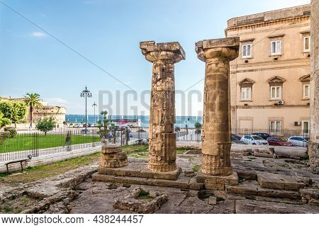 Taranto,italy - September 4,2021 - View At The Doric Columns From The Temple Of Poseidon In The Stre