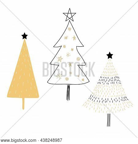 Hand Drawn Doodle Christmas Tree. Brush Painted Stylized Trees For New Year And Christmas Greeting C