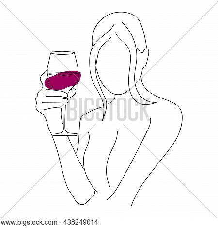 Girl Drinks Wine Or Champagne From A Glass. Linear Silhouette Of A Woman With A Glass Goblet. Vector