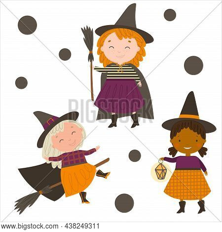 Halloween Cute Girls Little Witch. Vector Illustration.