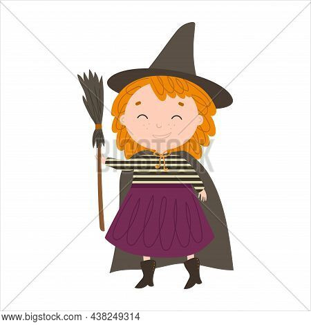 Halloween Cute Girl Little Witch. Vector Illustration.