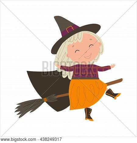 Halloween Flying Girl Little Witch. Vector Illustration.