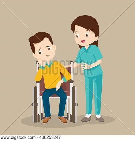 Nurse Or Volunteer Worker Taking Care Of Sick Woman Sitting On Wheelchair