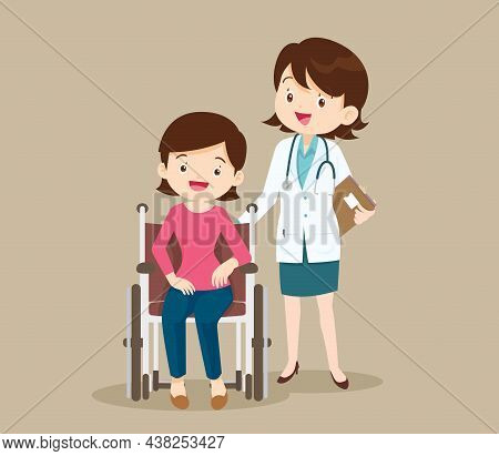 Patient Woman Sit On A Wheelchair With Doctor Take Care.careful Caregiver Taking Care Of The Patient