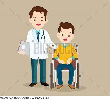 Patient Man Sit On A Wheelchair With Doctor Take Care.careful Caregiver Taking Care Of The Patient