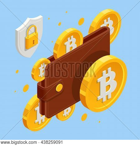 Isometric Digital Wallet Technology For Cryptocurrency Bitcoin. Digital Wallet Application On Mobile