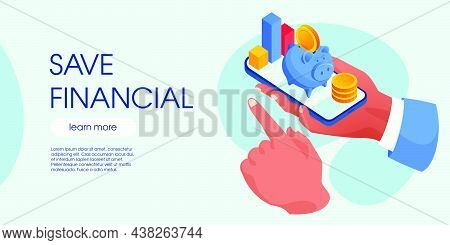 Character Holding Smartphone With Pig Shape Money Box, Coins, And Charts. Perfect For Web Banners, I