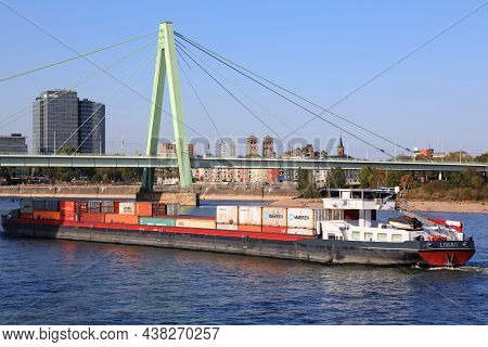 Cologne, Germany - September 21, 2020: River Transportation Barge On Rhein River In Cologne, Germany