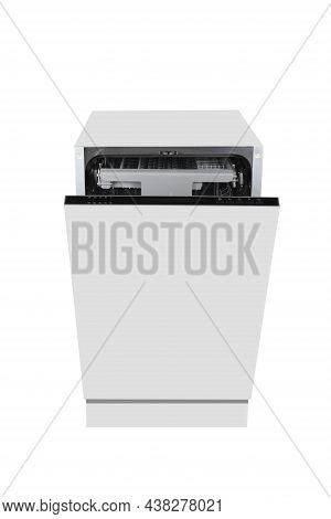 Built-in Dishwasher With Ajar Door Isolated On White Background.