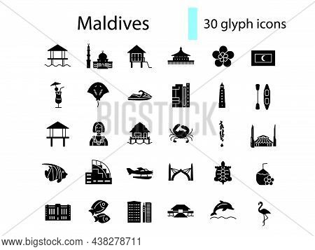 Maldives Culture Glyph Icons Set. Exotic Travel Guide. Water Bungalow. Marine Life, Crab, Stingray. 