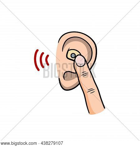 Hearing Aid. Sound Icon. Cartoon Illustration. Audiphone And Finger In Ear. Hearing Problems And Dis