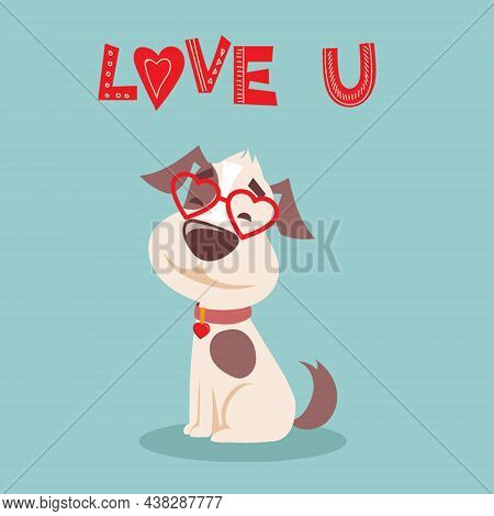 Vector Illustration Set Of Cute And Funny Cartoon Valentine Dogs-pupies In Love With Heart, Rose, Wi