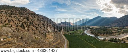Aerial View Of Scenic Road, Hwy 3, In The Valley Around The Canadian Mountain Landscape. Near Osoyoo