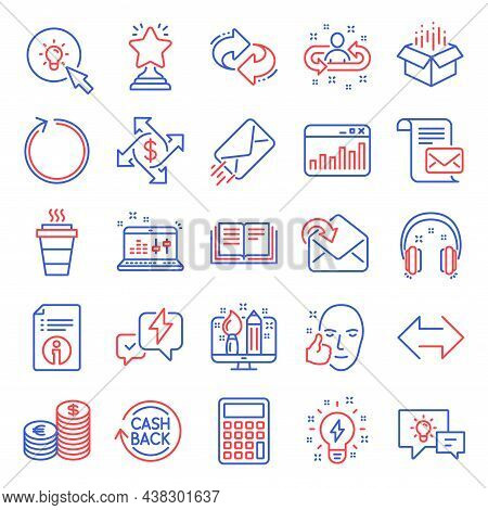 Line Icons Set. Included Icon As Currency, Lightning Bolt, Sound Check Signs. Loop, Mail Letter, E-m