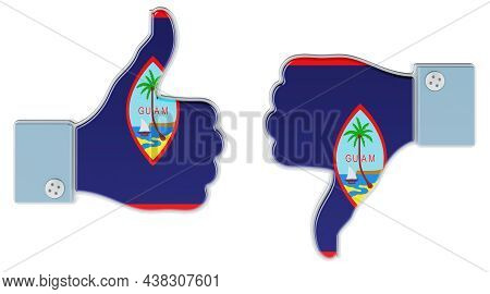 Guamanian Flag Painted On The Hand With Thumb Up And Thumb Down. Like And Dislike In Guam, Concept. 