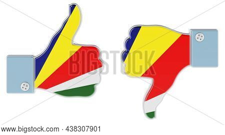 Seychelloise Flag Painted On The Hand With Thumb Up And Thumb Down. Like And Dislike In Seychelles, 