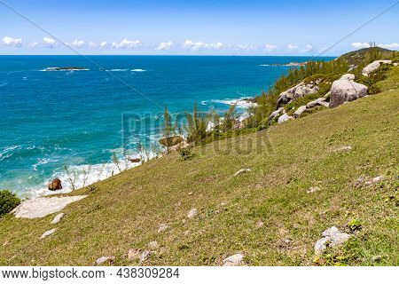 Beach View With Waves, Rocks And Vegetation