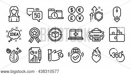 Heart Flame, Scroll Down And Idea Line Icons Set. Secure Shield And Money Currency Exchange. Woman, 